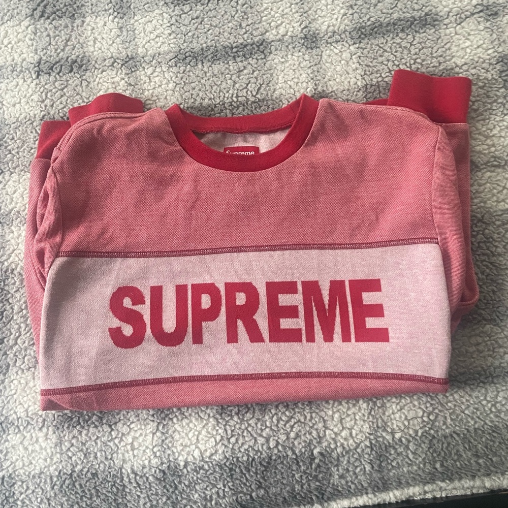 Supreme Red Stripe Logo Crewneck Knit Sweater